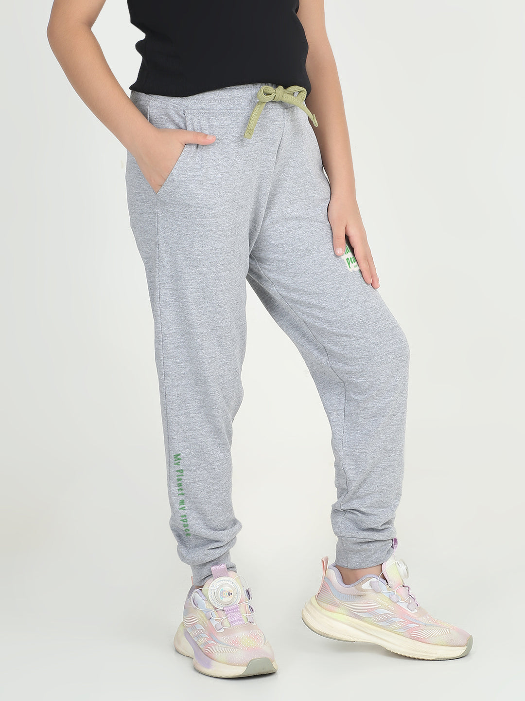REBORN- Girls Blue Printed  cotton fleece Jogger - Light Grey