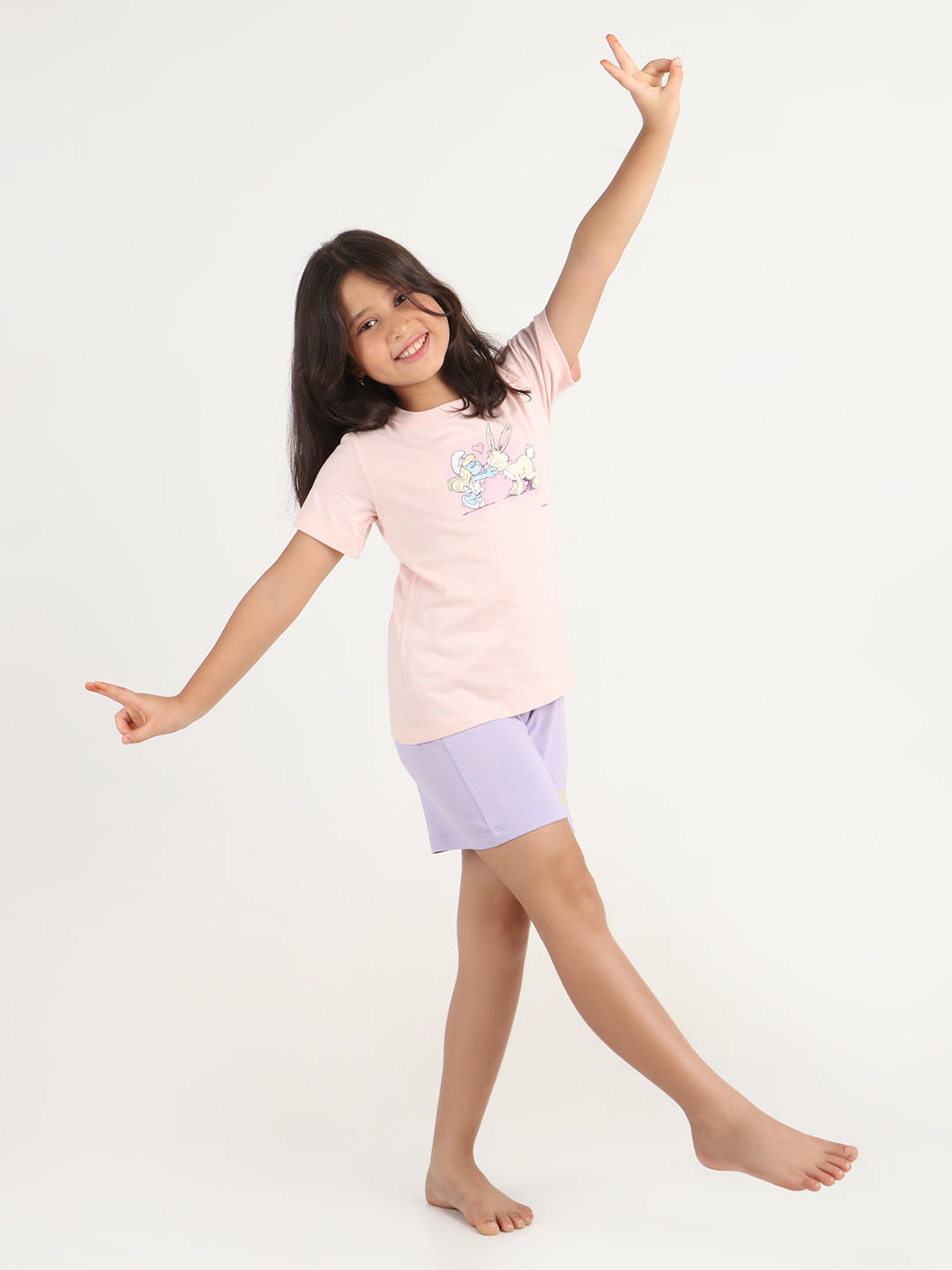 REBORN x Smurfs -Girls T-shirts & Shorts Co-ord set Cotton Printed - Soft Pink & Lavender
