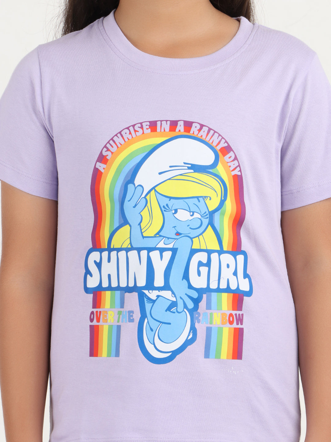 REBORN x Smurfs -Girls T-shirts & 3/4 Shorts Co-ord set Cotton Printed - Lavender