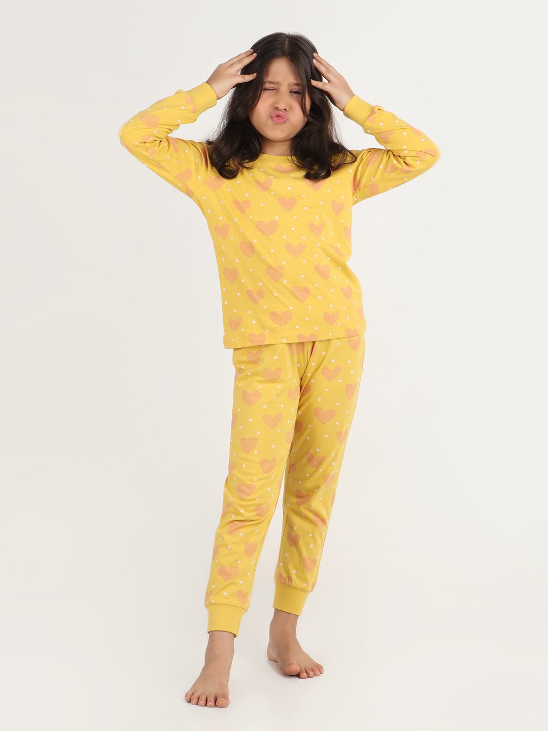 REBORN Girls-Soft Single Jersery Heart Printed Cotton Full Sleeve & PJ Sleepset -Mustard