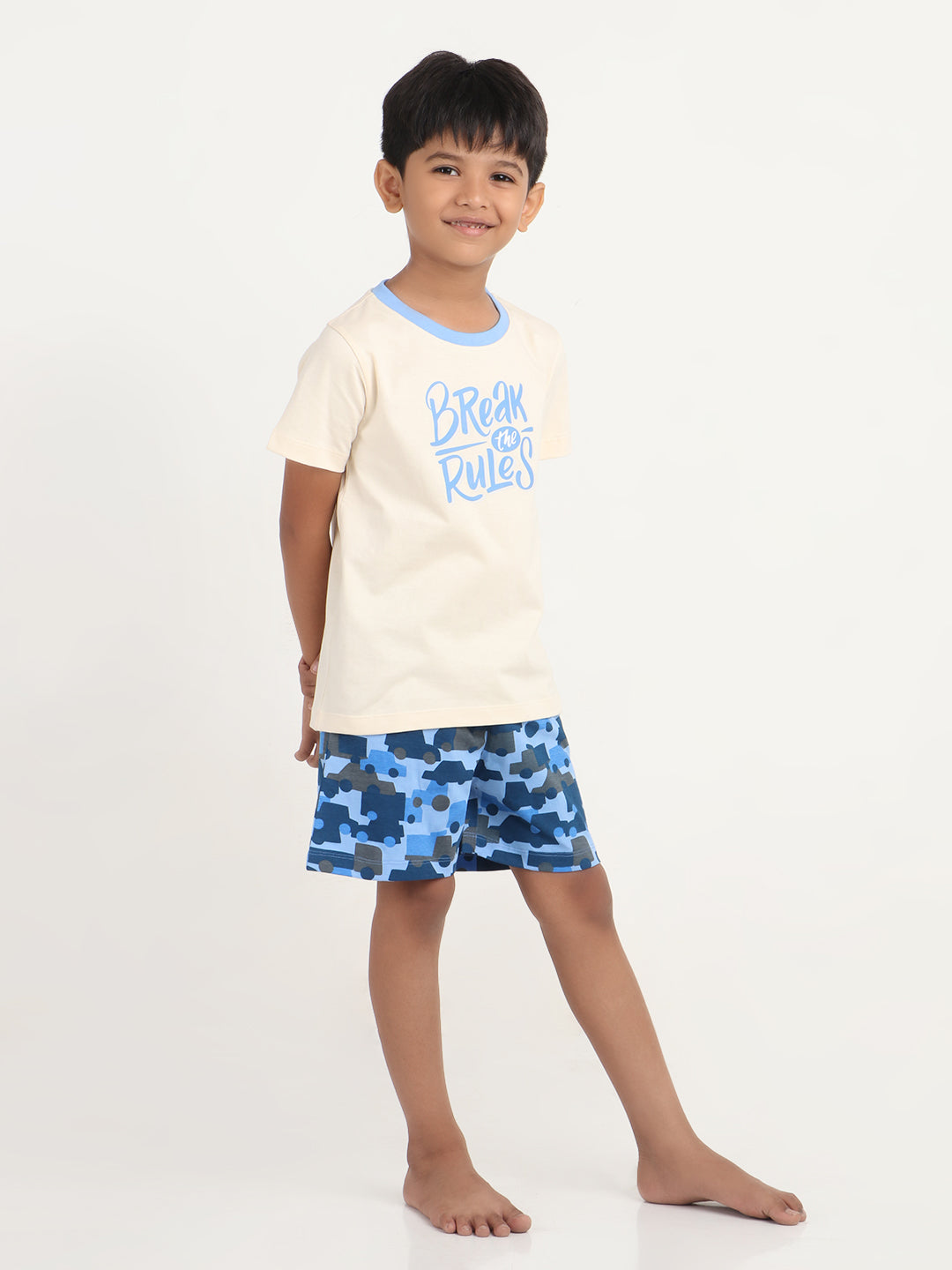 REBORN - Boys T-shirts & Shorts Co-ord set Cotton Printed - Butter Cream & Blue