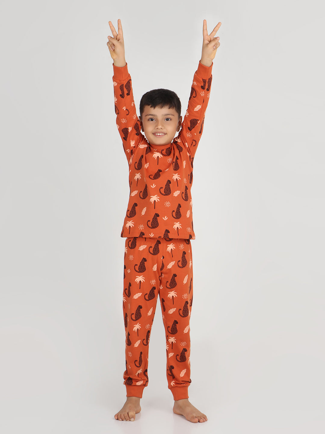 REBORN Boys -Soft Single Jersery Animal Print Cotton Full Sleeve & PJ Sleepset - RUST