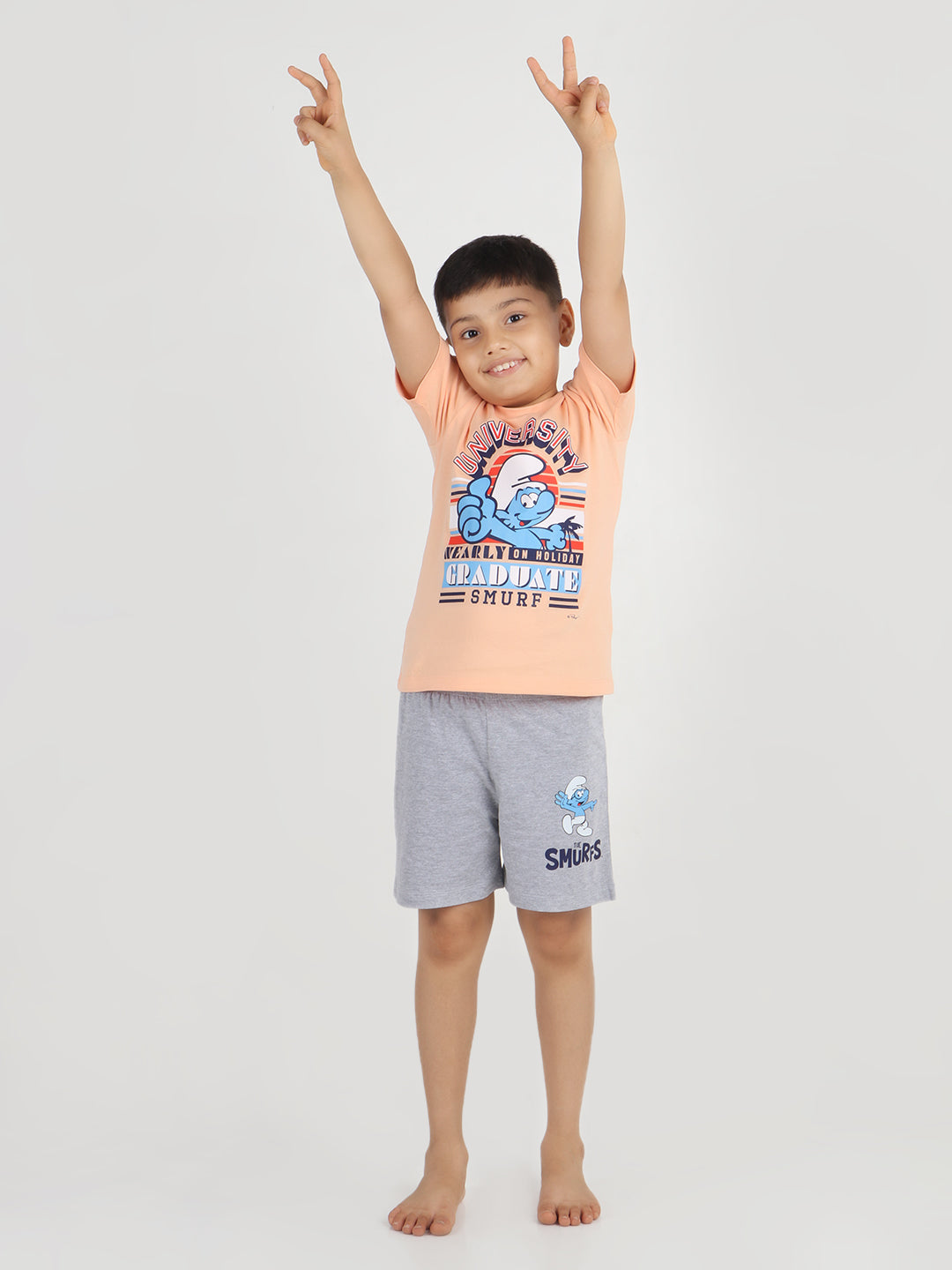 REBORN x Smurfs -Boys T-shirts & Shorts Co-ord set Cotton Printed - Peach & Grey Melange