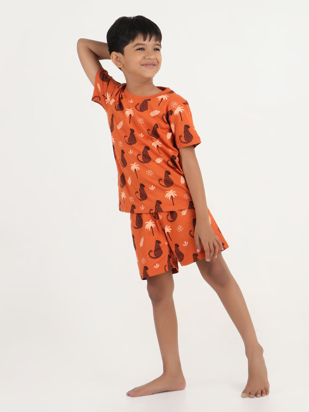 REBORN - Boys T-shirts & Shorts Co-ord set Cotton Animal Print -Rust