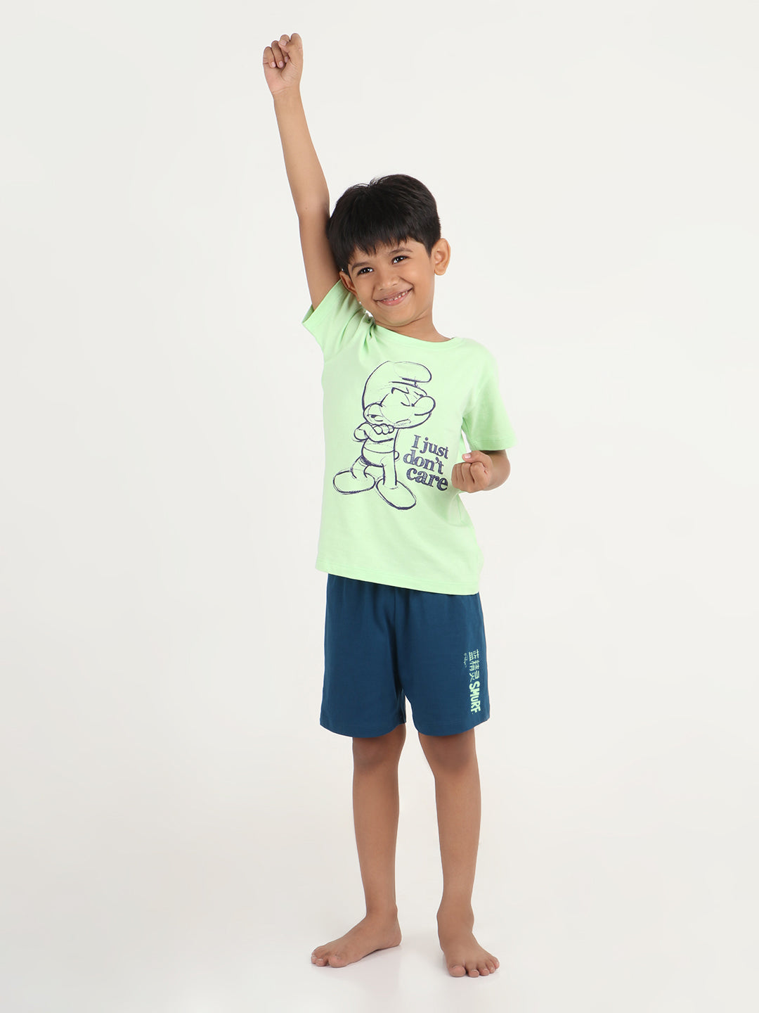 REBORN x Smurfs -Boys T-shirts & Shorts Co-ord set Cotton Printed - Pistachio green & Navy