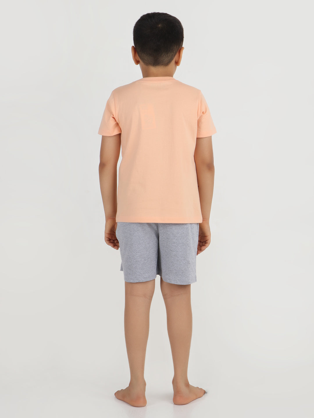 REBORN x Smurfs -Boys T-shirts & Shorts Co-ord set Cotton Printed - Peach & Grey Melange