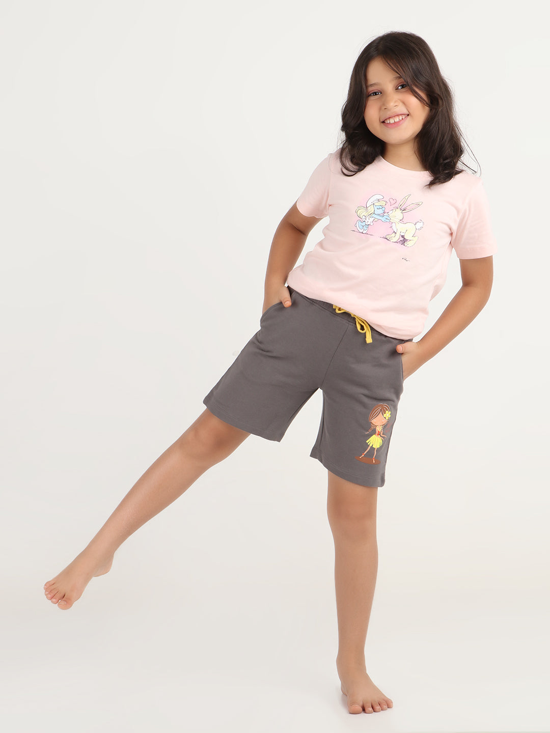 REBORN - Girls Printed  cotton fleece Shorts - Charcoal Grey