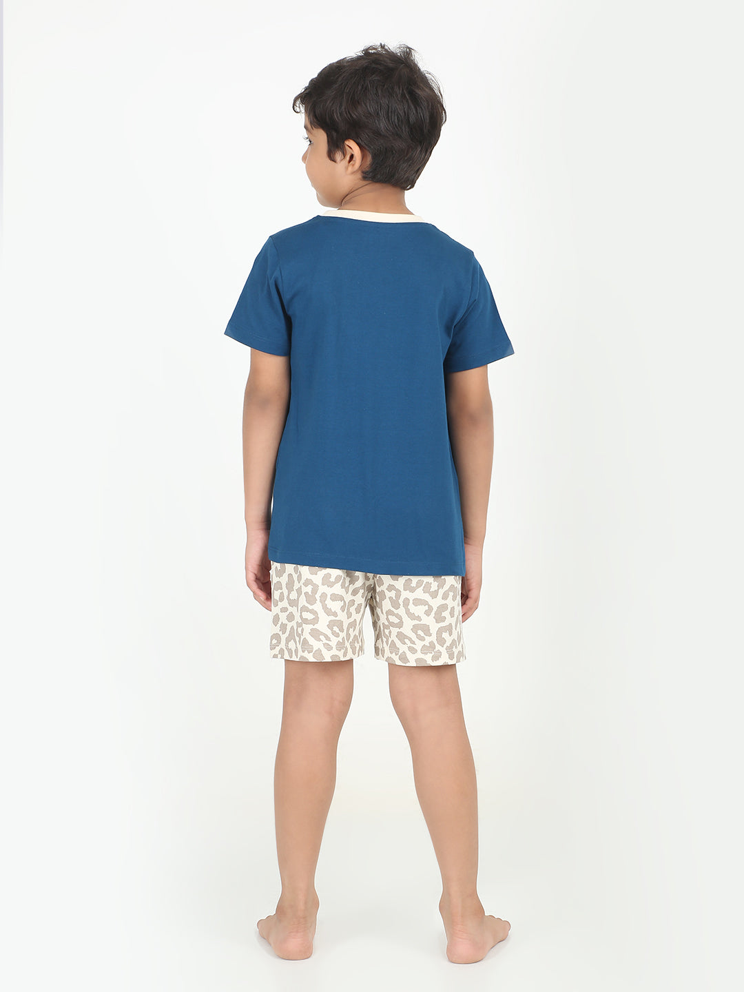 REBORN - Boys T-shirts & Shorts Co-ord set Cotton Leopard Print - Navy & Butter Cream