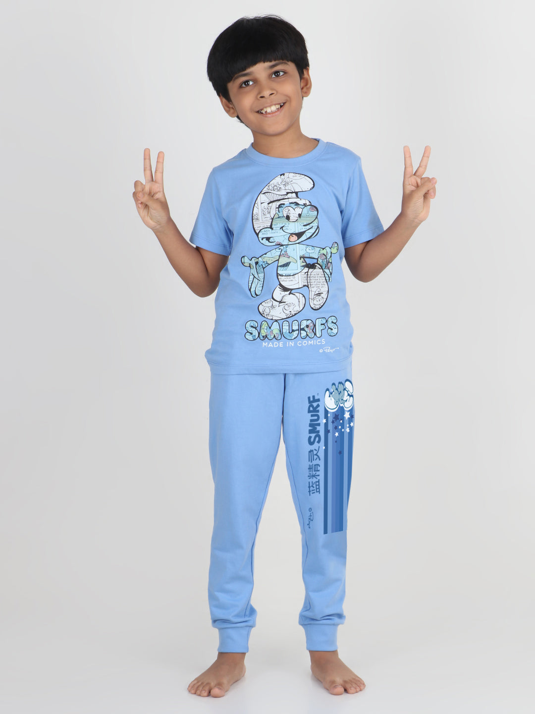 Reborn X The Smurfs -Boys  Printed  cotton fleece Jogger-Blue