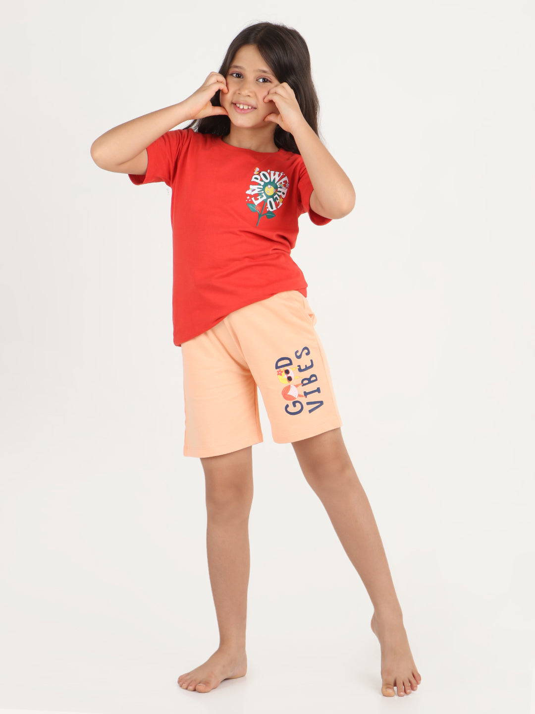 REBORN - Girls Printed  cotton fleece Shorts - Peach