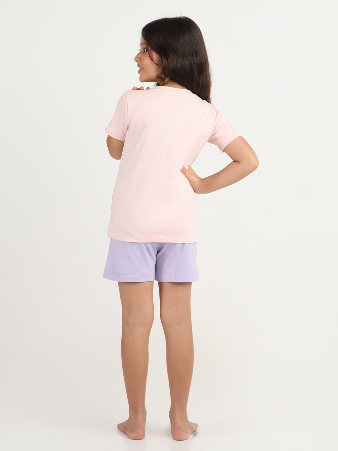 REBORN x Smurfs -Girls T-shirts & Shorts Co-ord set Cotton Printed - Soft Pink & Lavender
