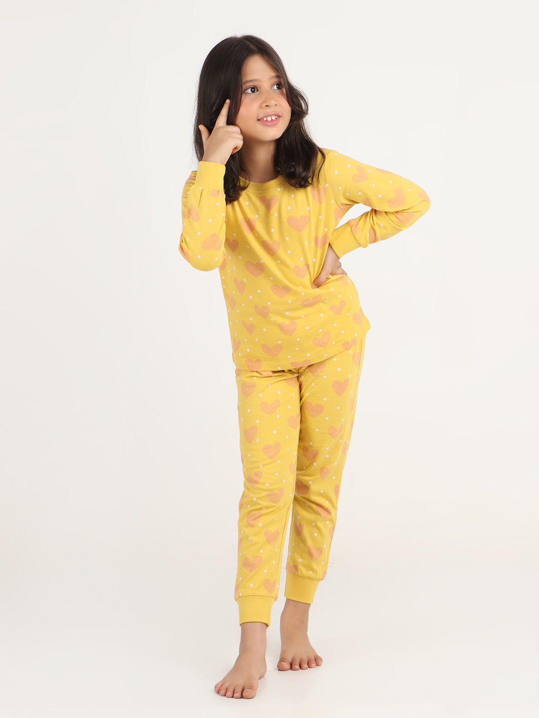 REBORN Girls-Soft Single Jersery Heart Printed Cotton Full Sleeve & PJ Sleepset -Mustard