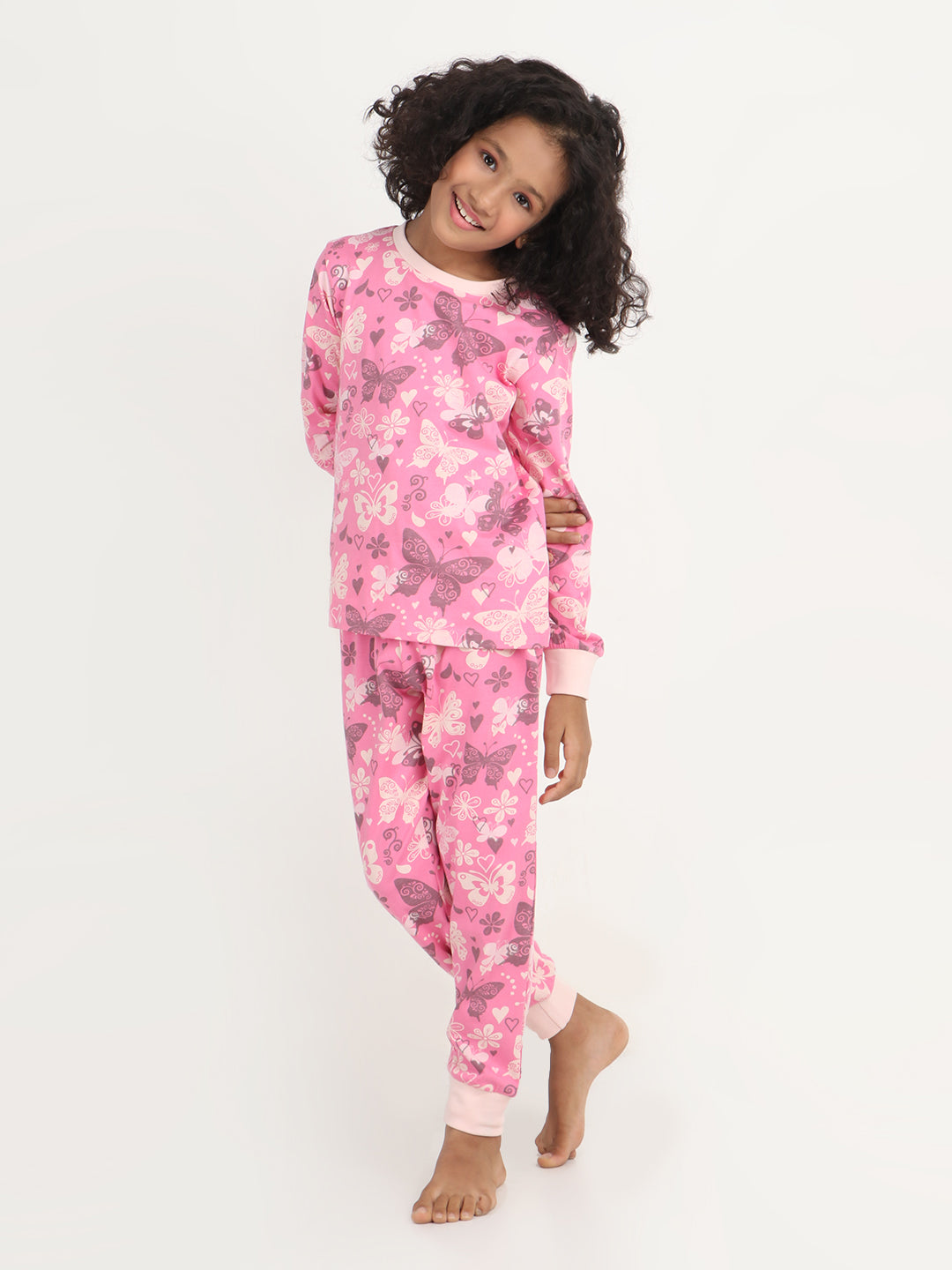 REBORN Girls-Soft Single Jersery Butterfly Printed Cotton Full Sleeve & PJ Sleepset - Pink