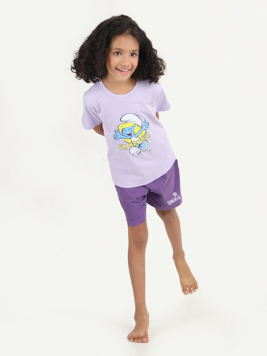 REBORN x Smurfs -Girls T-shirts & Shorts Co-ord set Cotton Printed - Lavender & Deep Purple