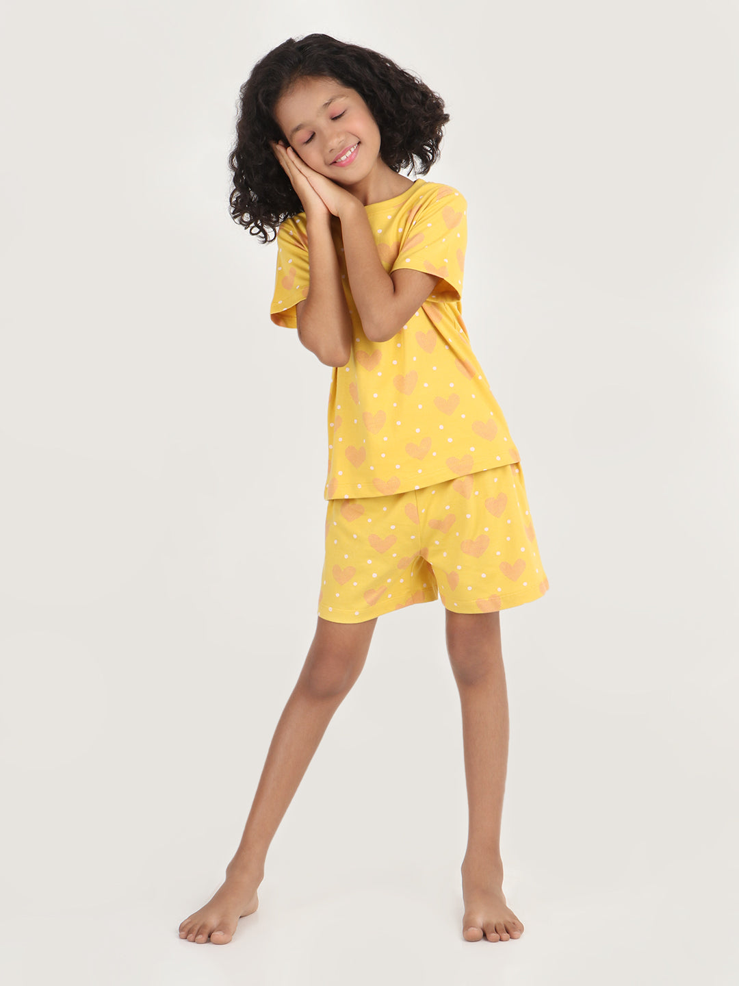 REBORN - Girls T-shirts & Shorts Co-ord set Cotton Heart Printed - Mustard