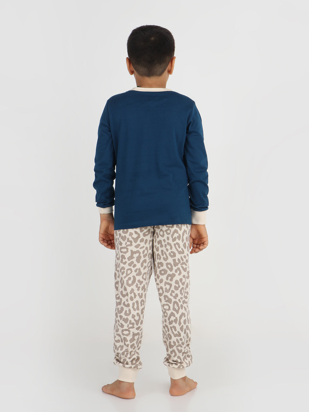 REBORN Boys -Soft Single Jersery Leopard Print Cotton Full Sleeve & PJ Sleepset - Navy Blue & Butter Cream