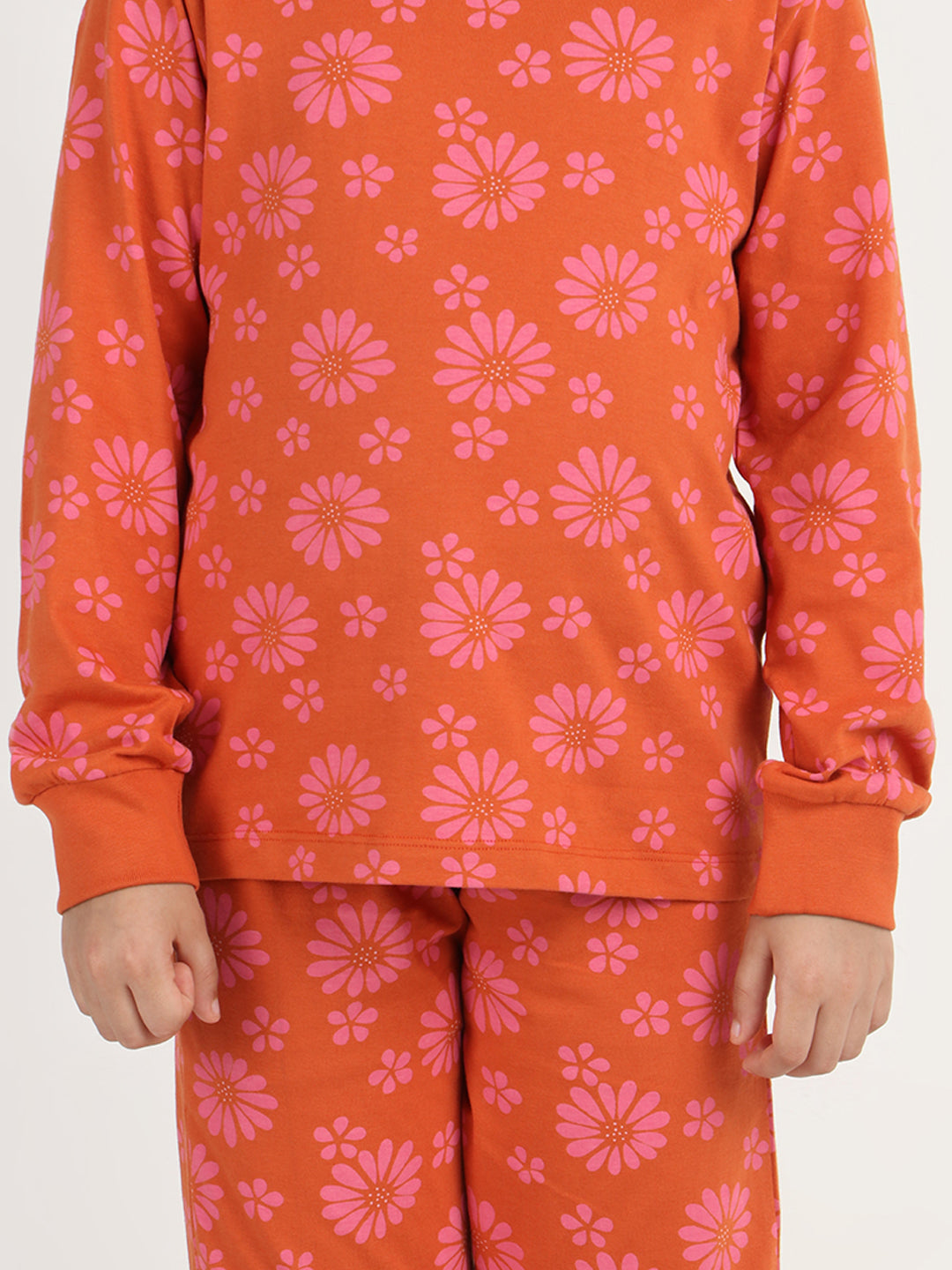REBORN Girls-Soft Single Jersery Flower Printed Cotton Full Sleeve & PJ Sleepset - Rust