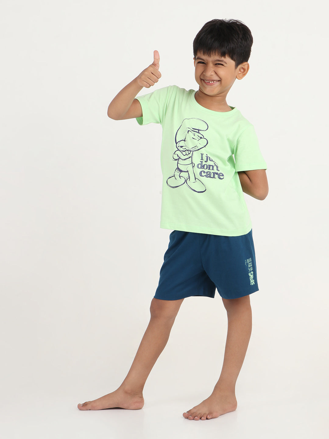 REBORN x Smurfs -Boys T-shirts & Shorts Co-ord set Cotton Printed - Pistachio green & Navy