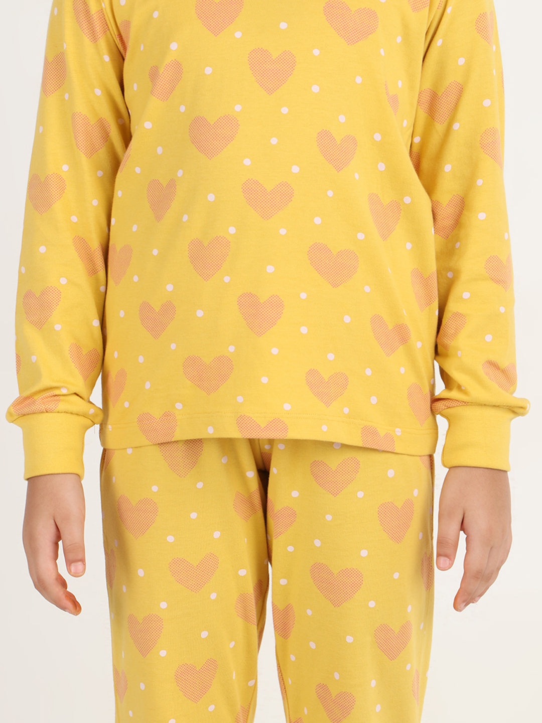 REBORN Girls-Soft Single Jersery Heart Printed Cotton Full Sleeve & PJ Sleepset -Mustard