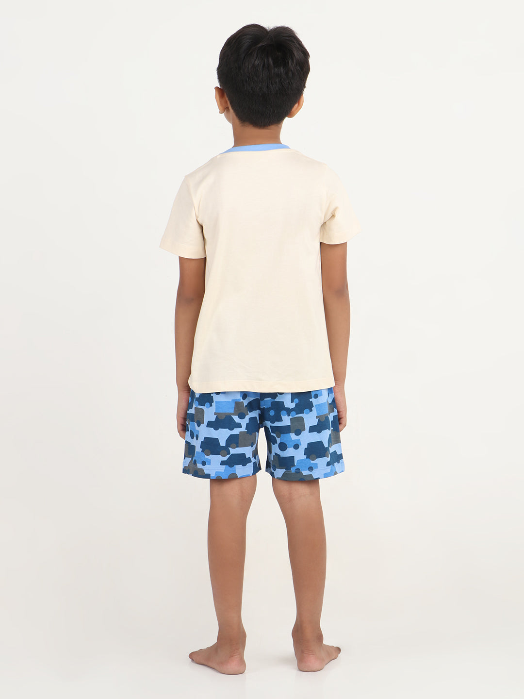 REBORN - Boys T-shirts & Shorts Co-ord set Cotton Printed - Butter Cream & Blue