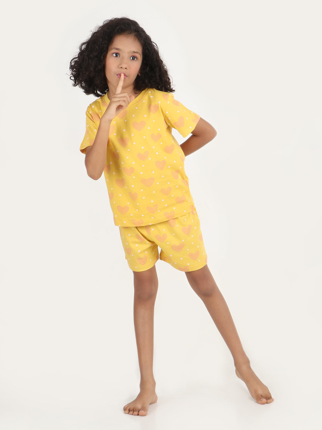 REBORN - Girls T-shirts & Shorts Co-ord set Cotton Heart Printed - Mustard