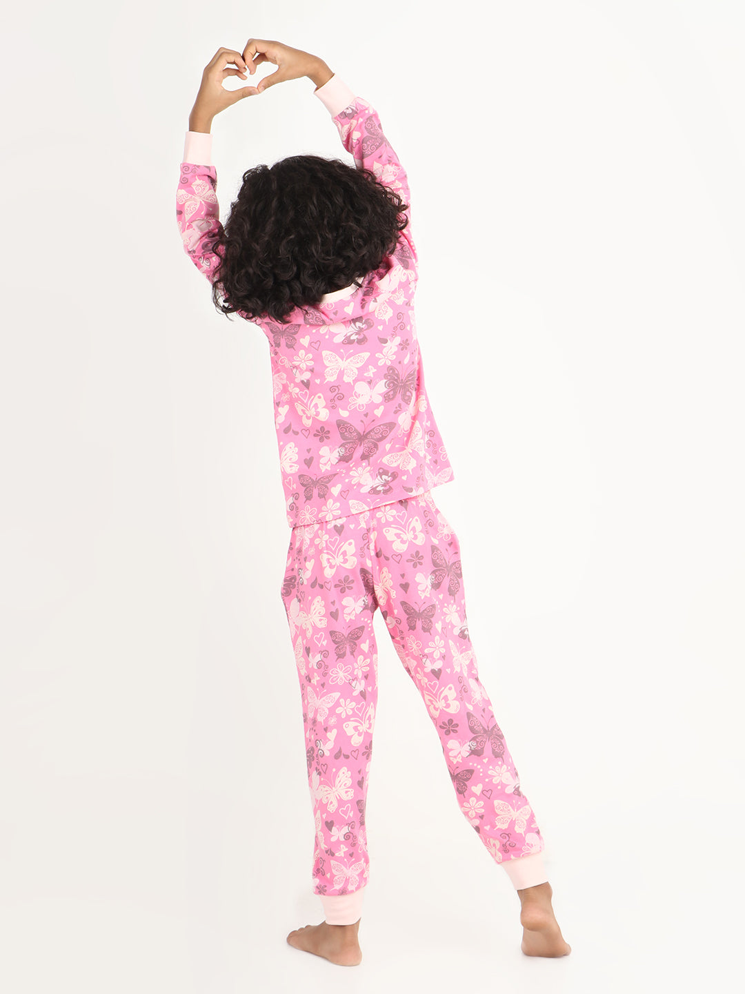 REBORN Girls-Soft Single Jersery Butterfly Printed Cotton Full Sleeve & PJ Sleepset - Pink