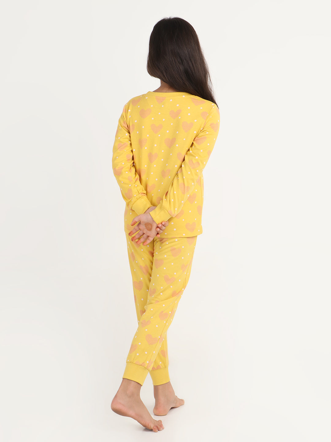 REBORN Girls-Soft Single Jersery Heart Printed Cotton Full Sleeve & PJ Sleepset -Mustard
