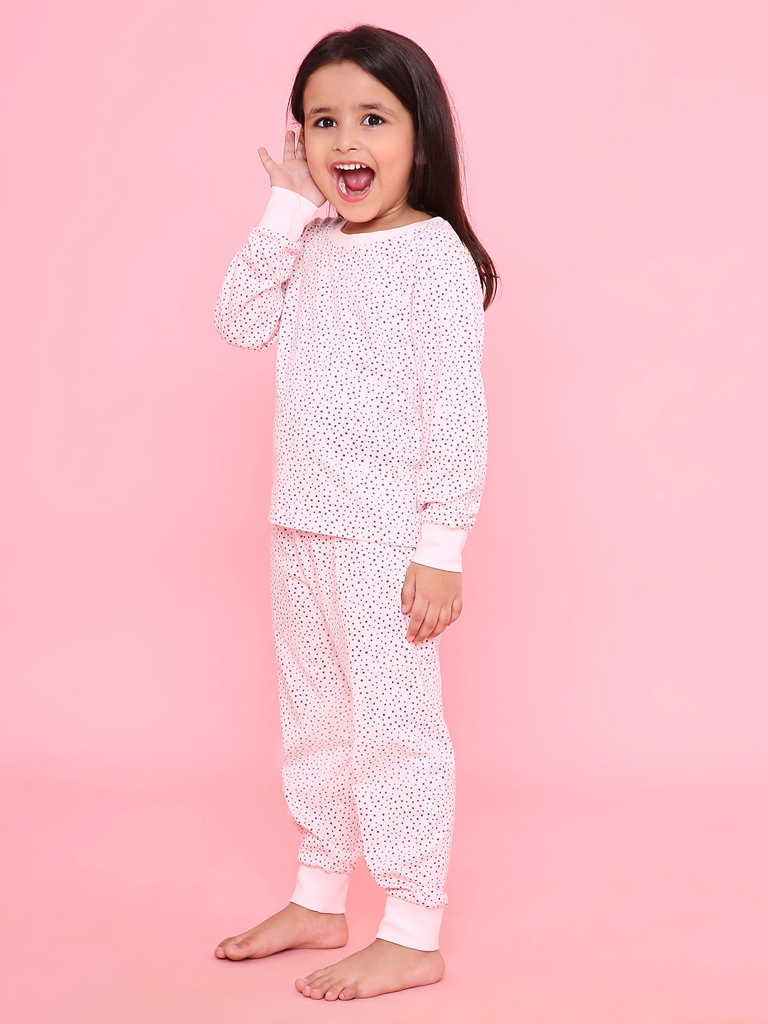 REBORN Girls-Soft Single Jersery Stirpes polka Print Cotton Full Sleeve & PJ Sleepset - Soft Pink