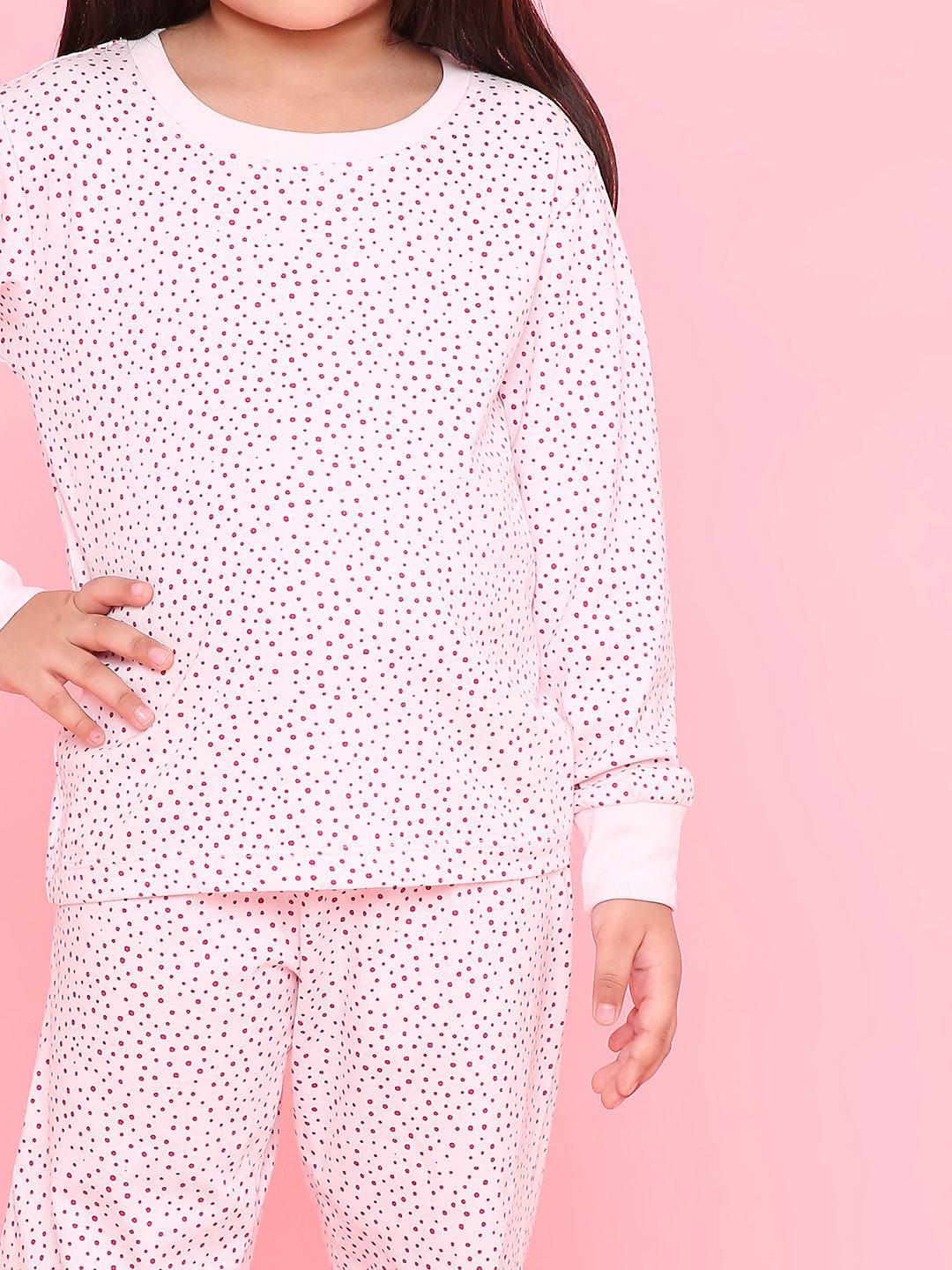 REBORN Girls-Soft Single Jersery Stirpes polka Print Cotton Full Sleeve & PJ Sleepset - Soft Pink