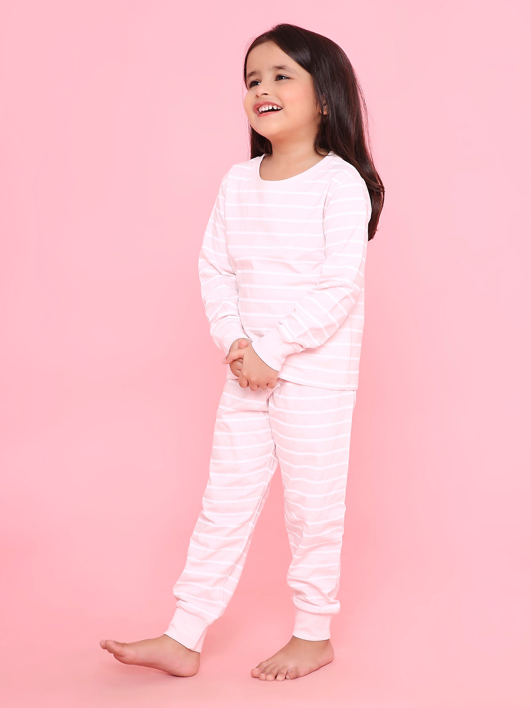 REBORN Girls-Soft Single Jersery Stirpes Printed Cotton Full Sleeve & PJ Sleepset - Soft Pink