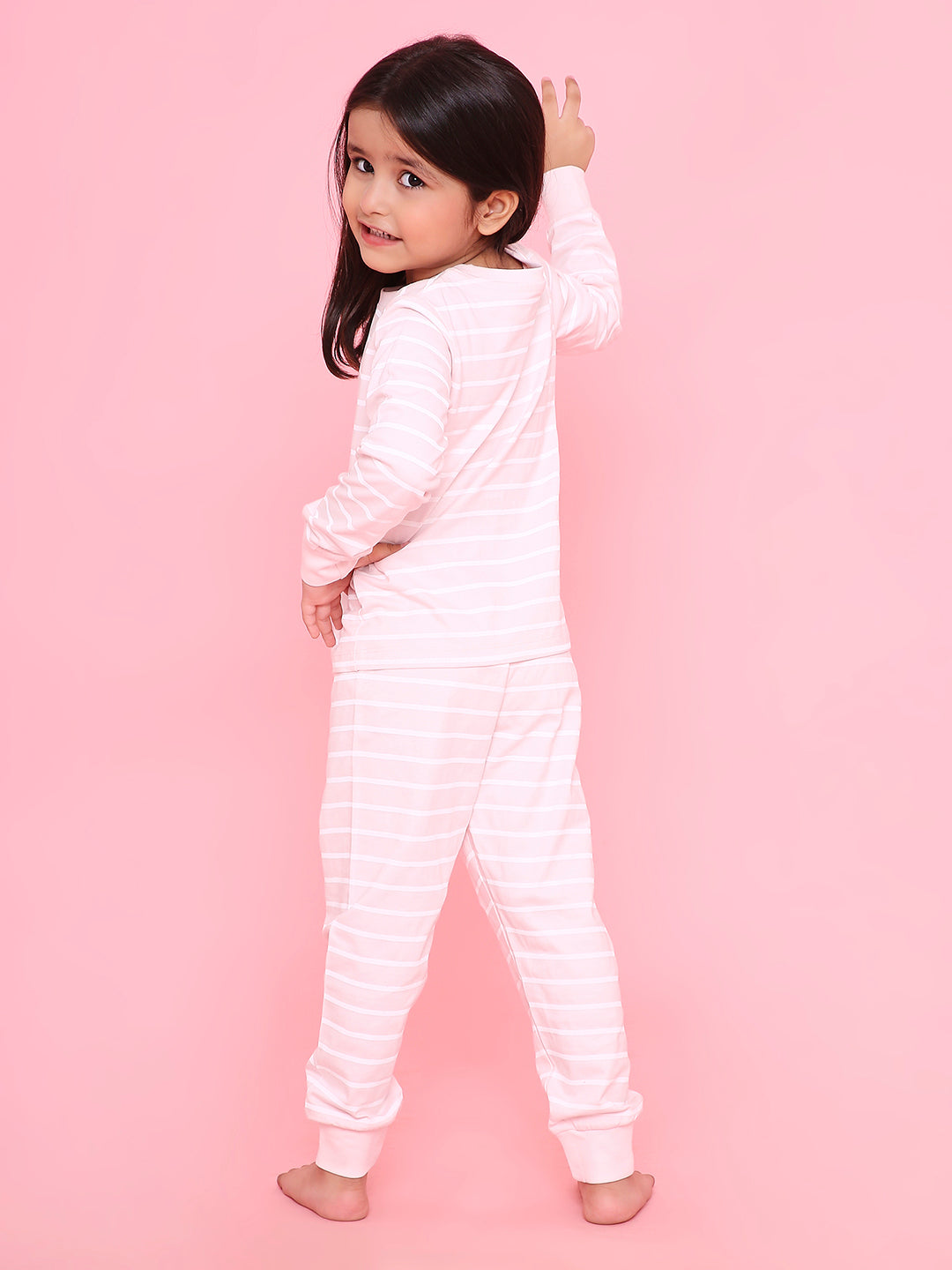 REBORN Girls-Soft Single Jersery Stirpes Printed Cotton Full Sleeve & PJ Sleepset - Soft Pink