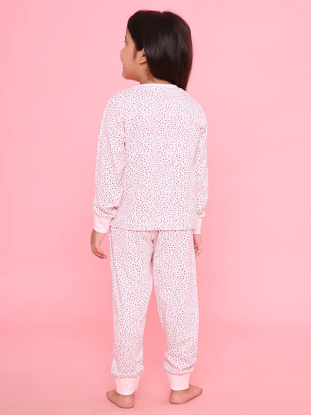 REBORN Girls-Soft Single Jersery Stirpes polka Print Cotton Full Sleeve & PJ Sleepset - Soft Pink
