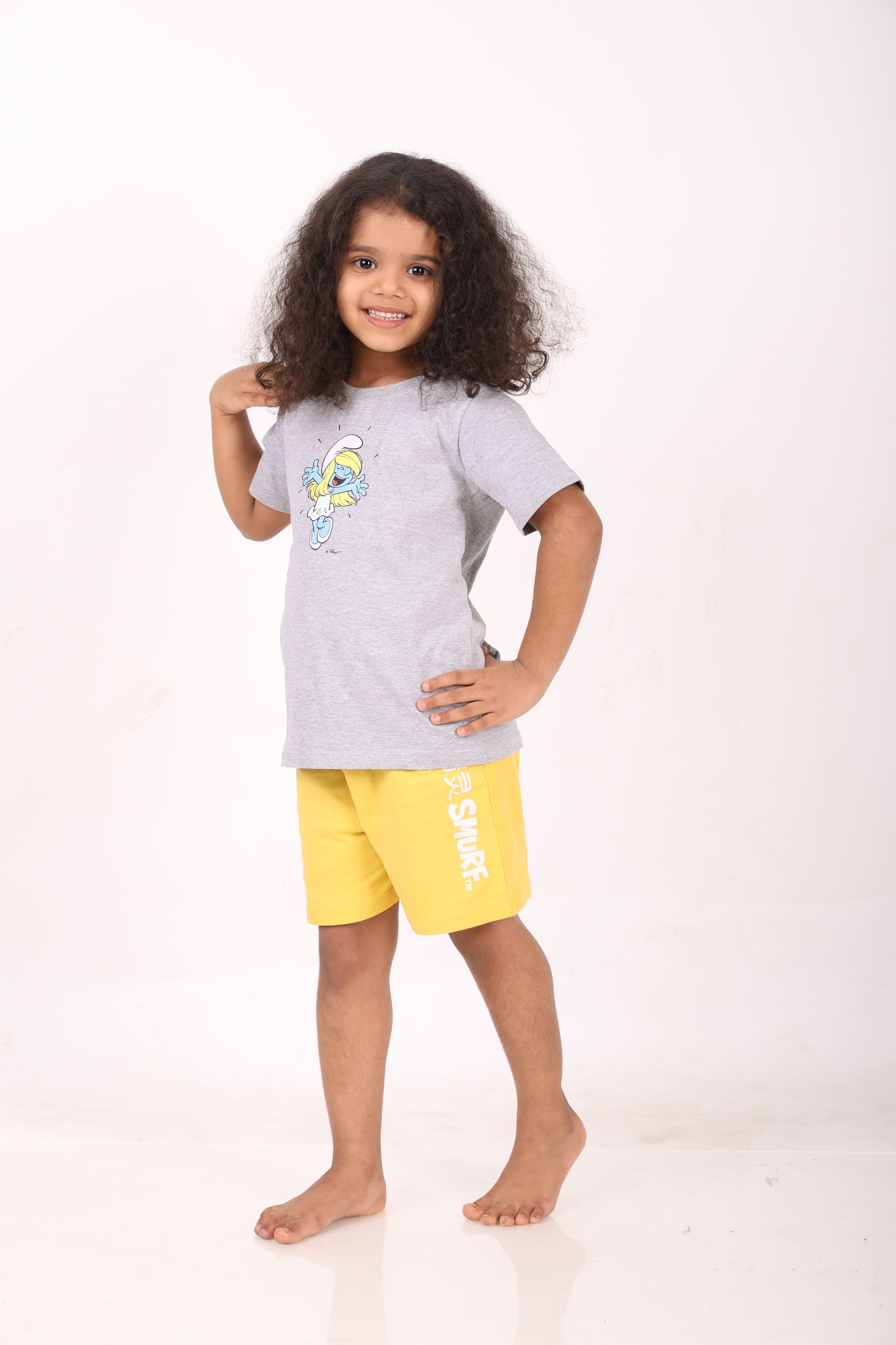 REBORN - Smurfs Collection-Girls 2 piece T-Shirt & Short -set- Grey Melange & Yellow