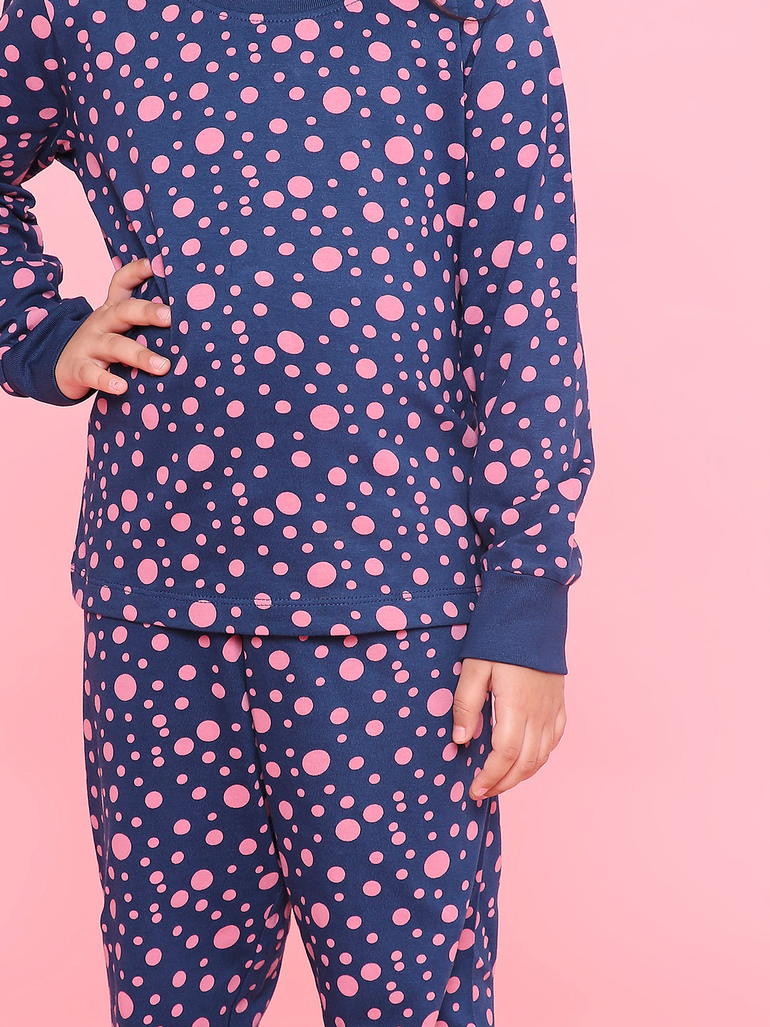 REBORN Girls-Soft Single Jersery Stirpes polk dots  Print Cotton Full Sleeve & PJ Sleepset - Navy Blue