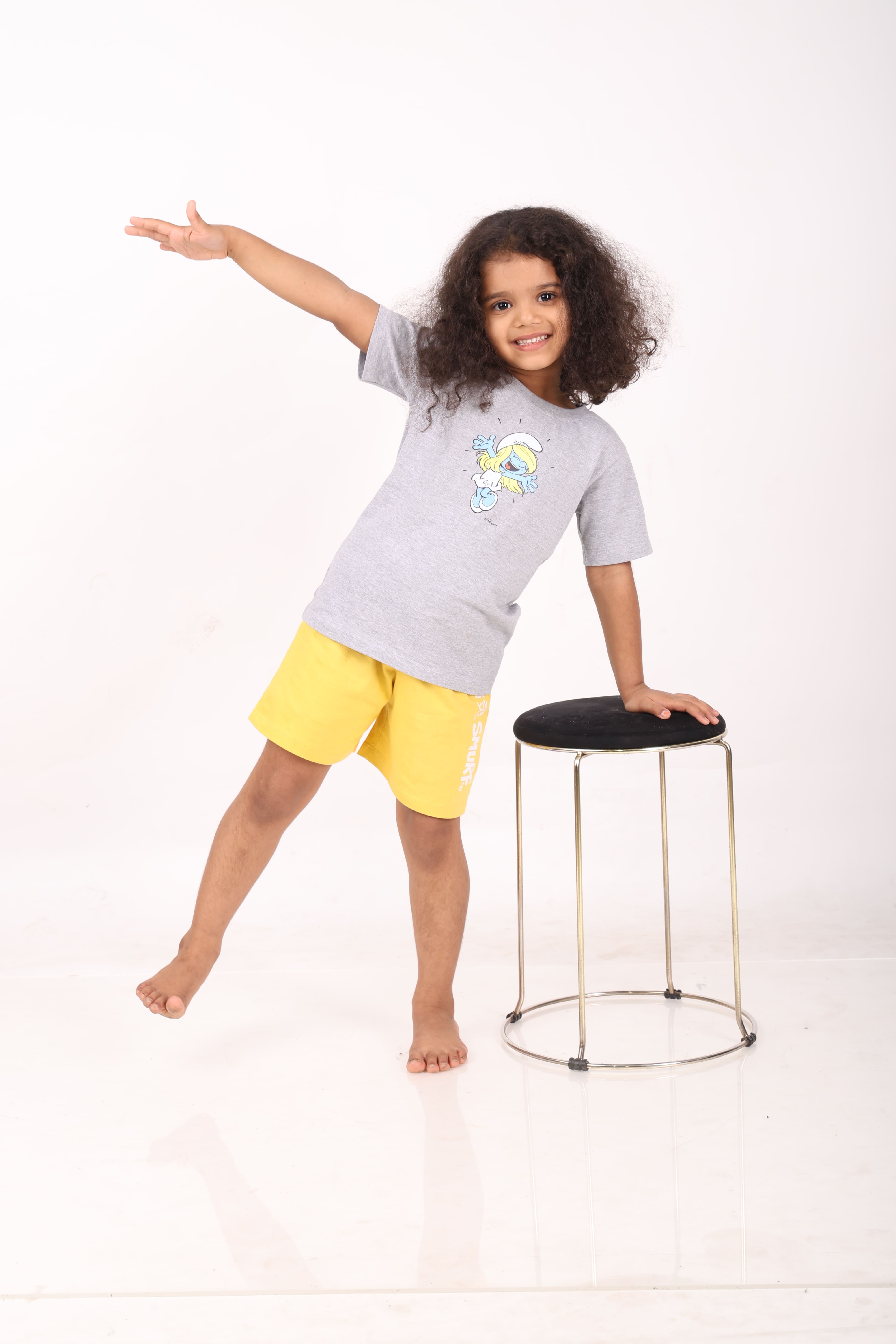 REBORN - Smurfs Collection-Girls 2 piece T-Shirt & Short -set- Grey Melange & Yellow
