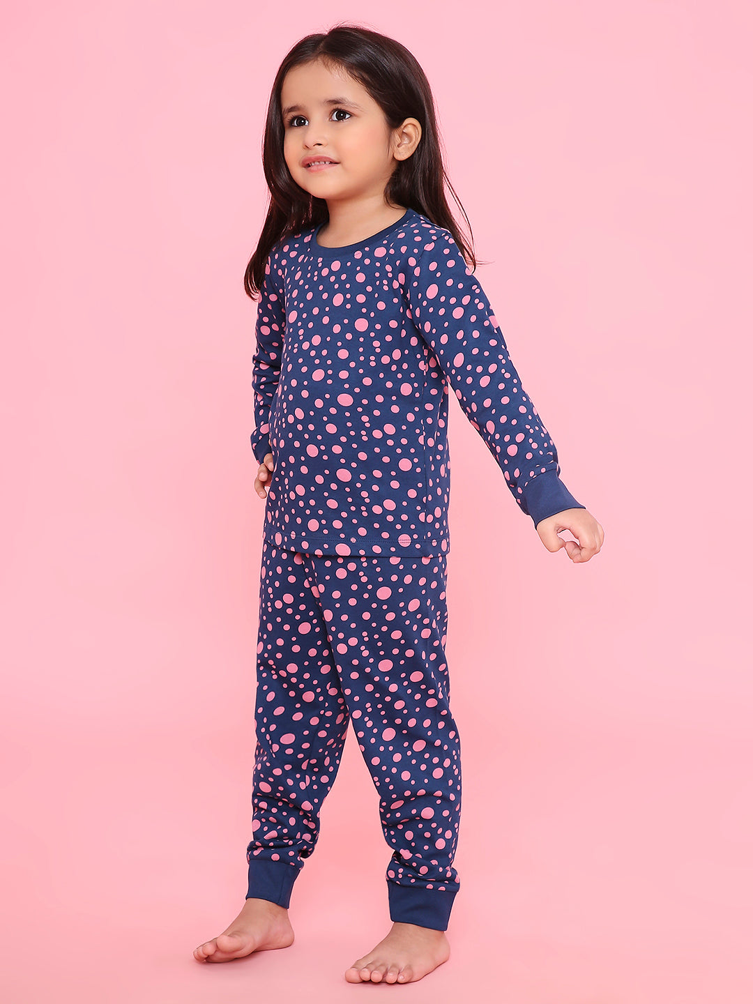 REBORN Girls-Soft Single Jersery Stirpes polk dots  Print Cotton Full Sleeve & PJ Sleepset - Navy Blue