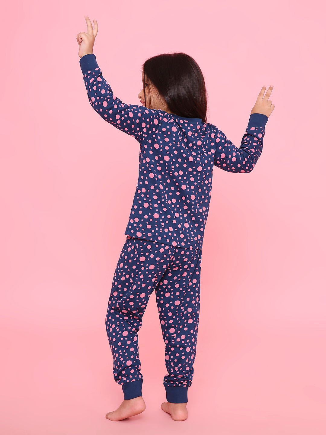 REBORN Girls-Soft Single Jersery Stirpes polk dots  Print Cotton Full Sleeve & PJ Sleepset - Navy Blue