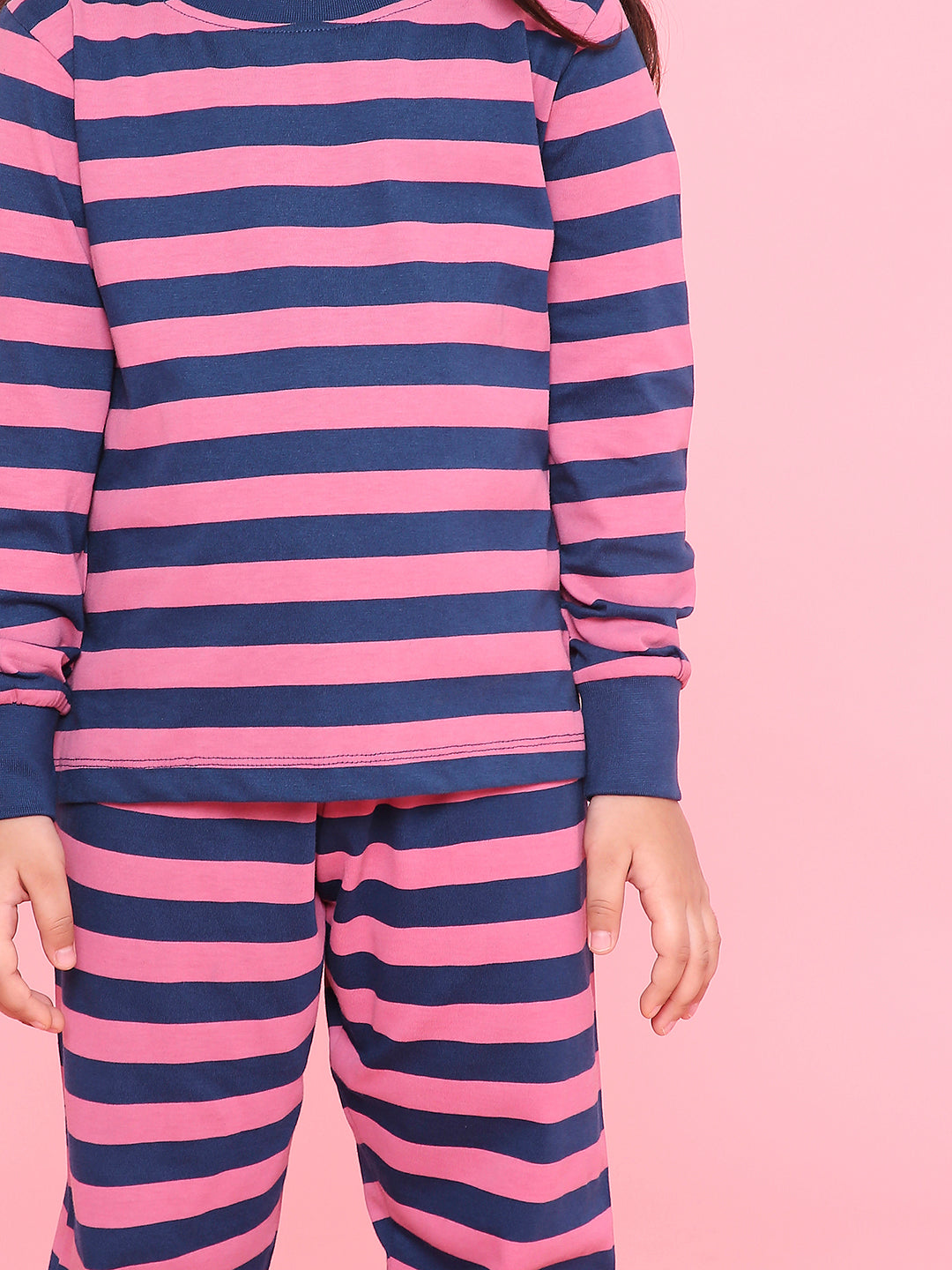REBORN Girls-Soft Single Jersery Stirpes Printed Cotton Full Sleeve & PJ Sleepset - Pink  & Navy Blue