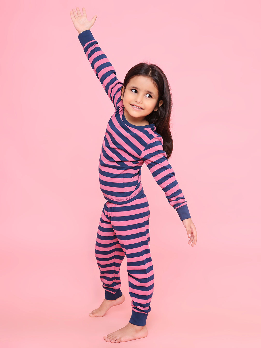 REBORN Girls-Soft Single Jersery Stirpes Printed Cotton Full Sleeve & PJ Sleepset - Pink  & Navy Blue