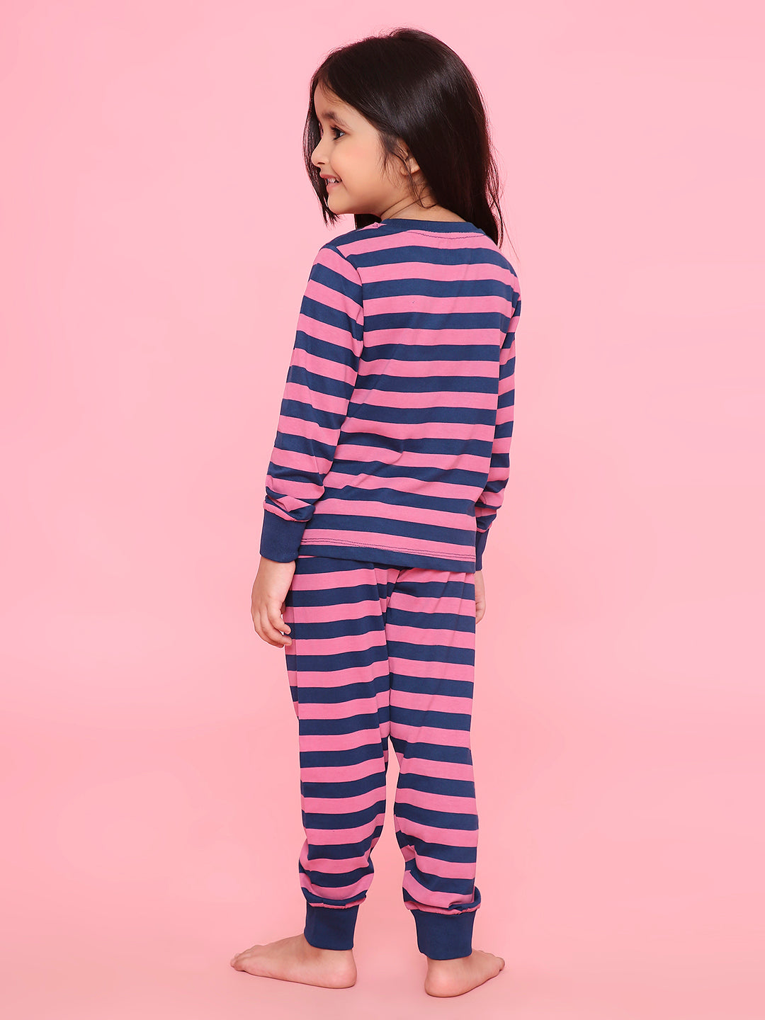 REBORN Girls-Soft Single Jersery Stirpes Printed Cotton Full Sleeve & PJ Sleepset - Pink  & Navy Blue