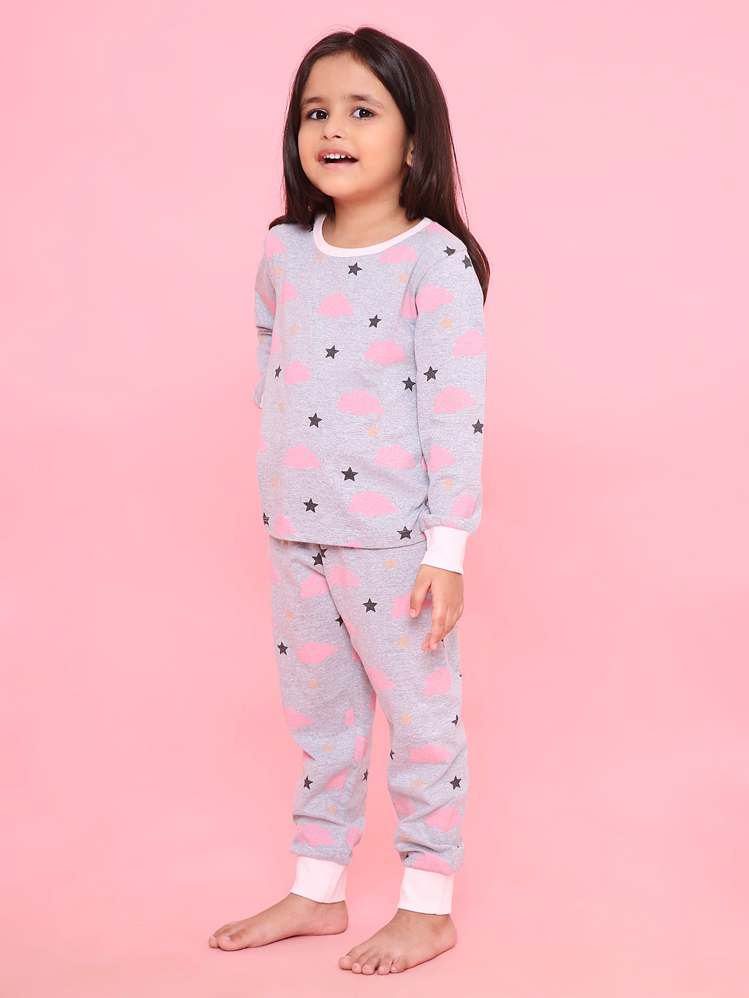 REBORN Girls-Soft Single Jersery Stirpes Cloud Print Cotton Full Sleeve & PJ Sleepset - Grey Melange