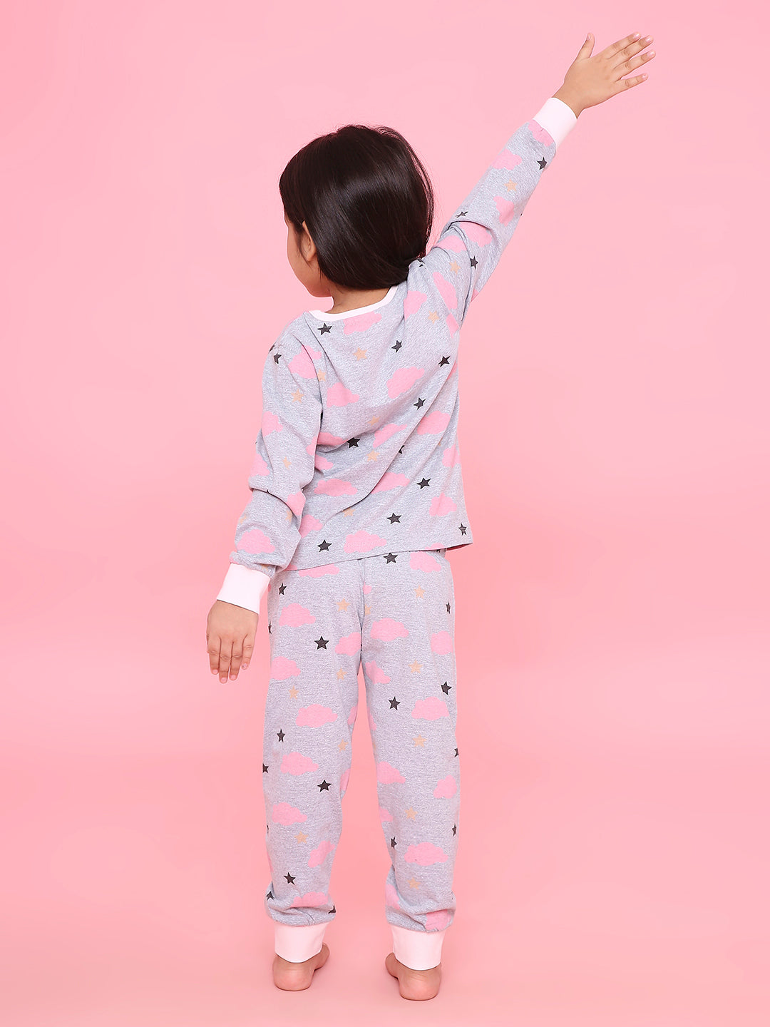 REBORN Girls-Soft Single Jersery Stirpes Cloud Print Cotton Full Sleeve & PJ Sleepset - Grey Melange