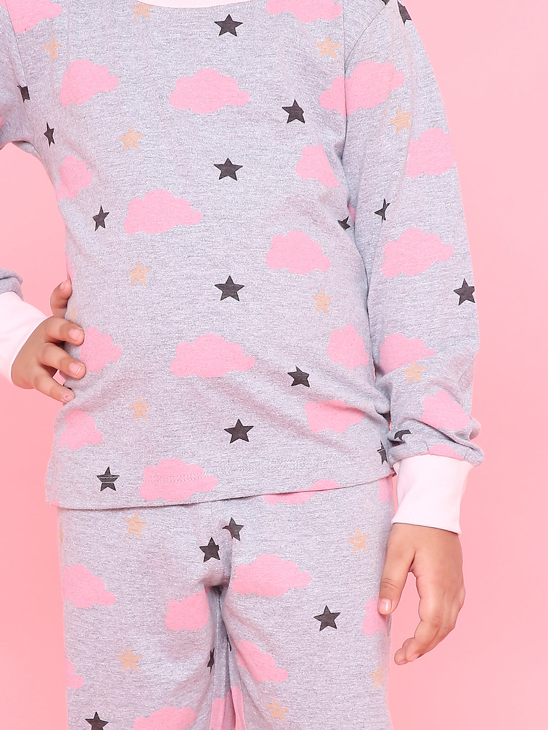 REBORN Girls-Soft Single Jersery Stirpes Cloud Print Cotton Full Sleeve & PJ Sleepset - Grey Melange