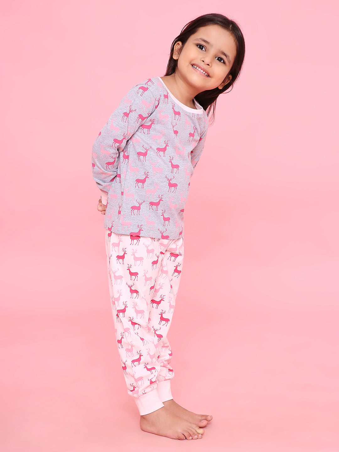 REBORN Girls-Soft Single Jersery Cloud Print Cotton Full Sleeve & PJ Sleepset - Grey Melange & Soft Pink
