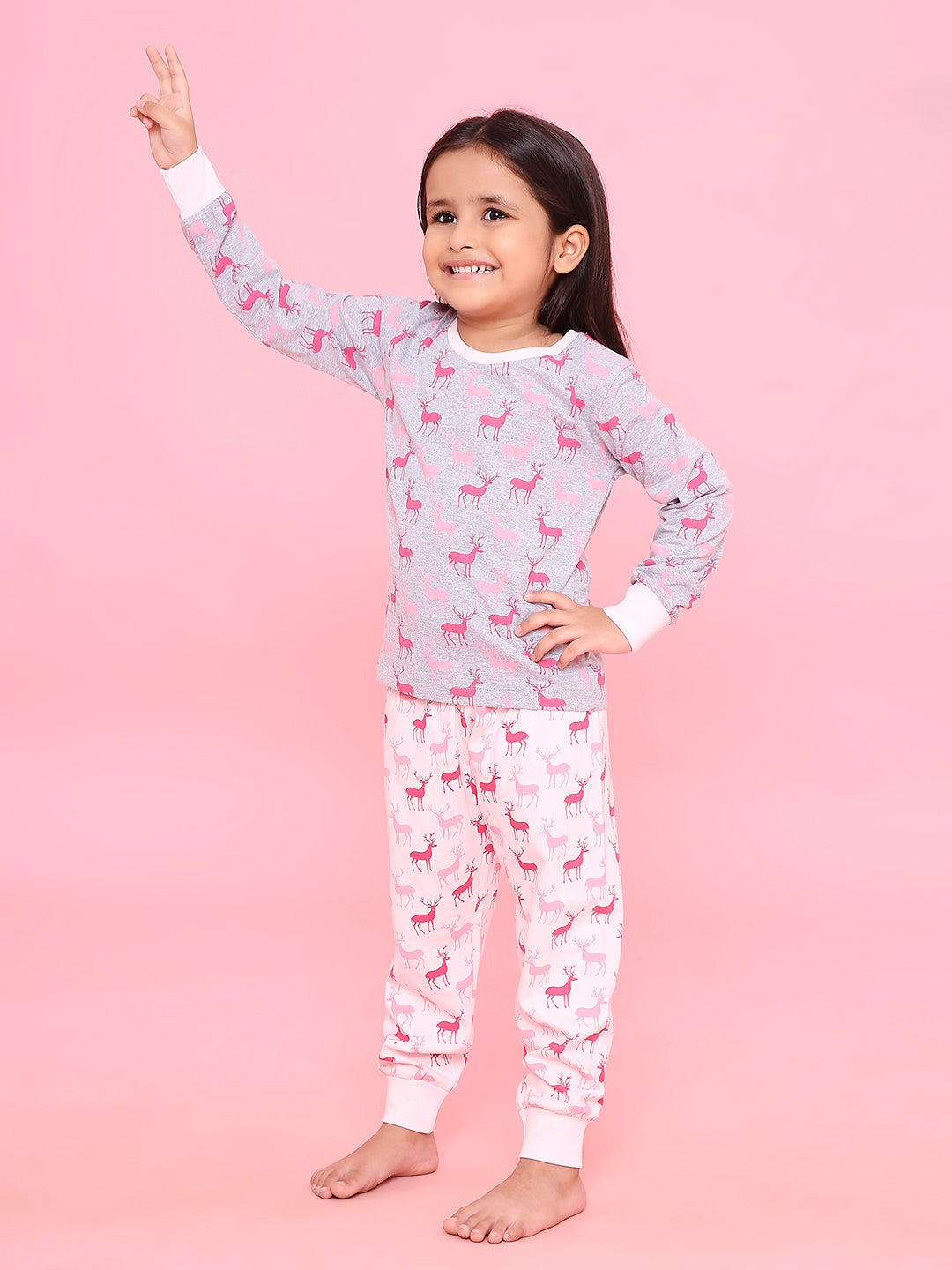 REBORN Girls-Soft Single Jersery Cloud Print Cotton Full Sleeve & PJ Sleepset - Grey Melange & Soft Pink