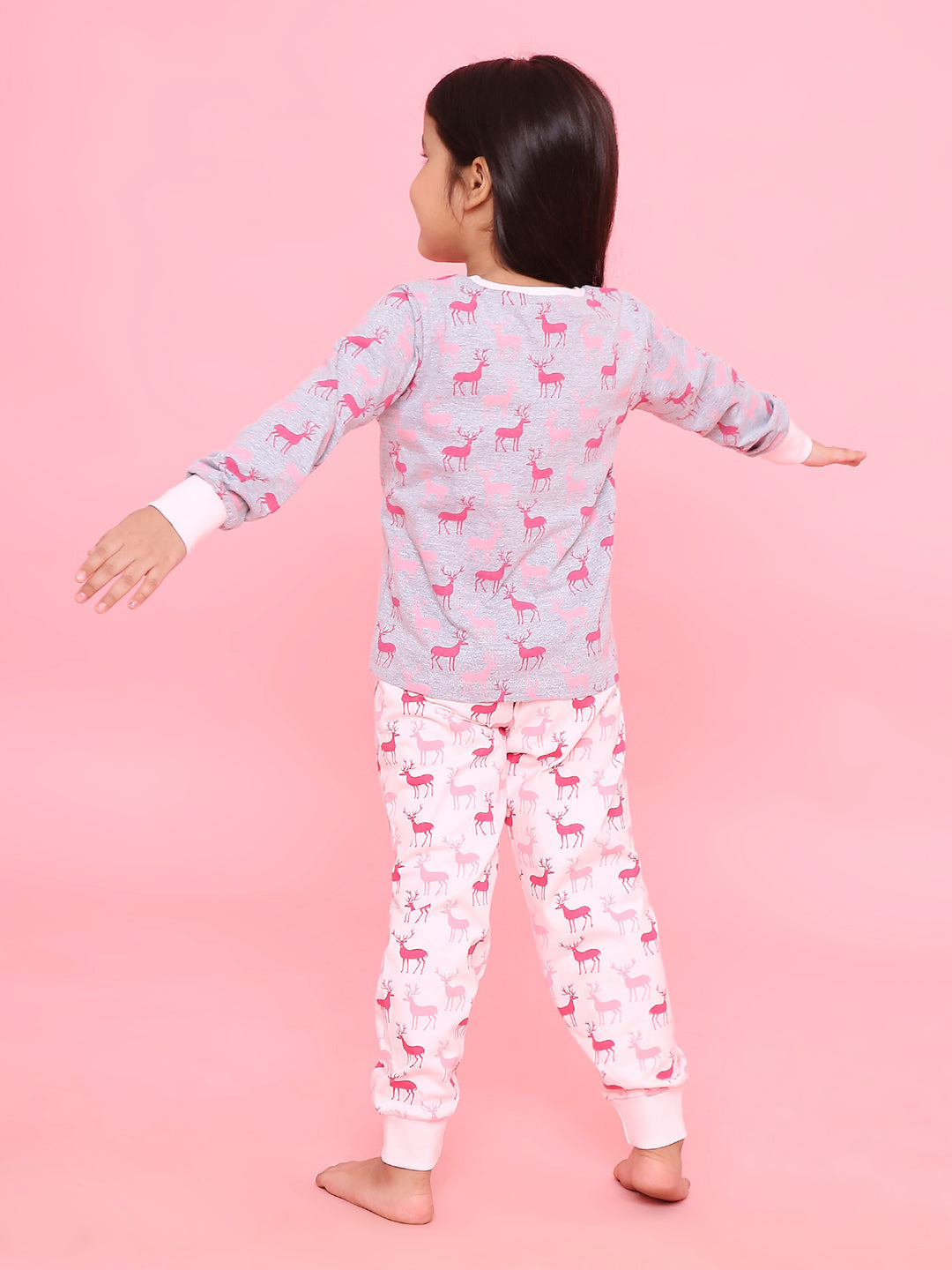 REBORN Girls-Soft Single Jersery Cloud Print Cotton Full Sleeve & PJ Sleepset - Grey Melange & Soft Pink