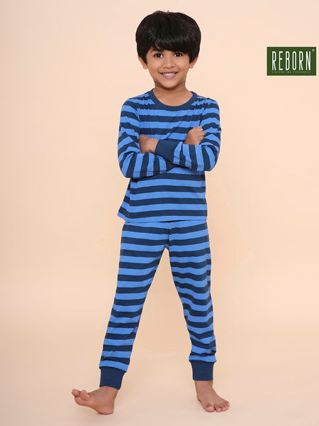 REBORN Boys -Soft Single Jersery Stirpes Printed Cotton Full Sleeve & PJ Sleepset - Blue & Navy Blue