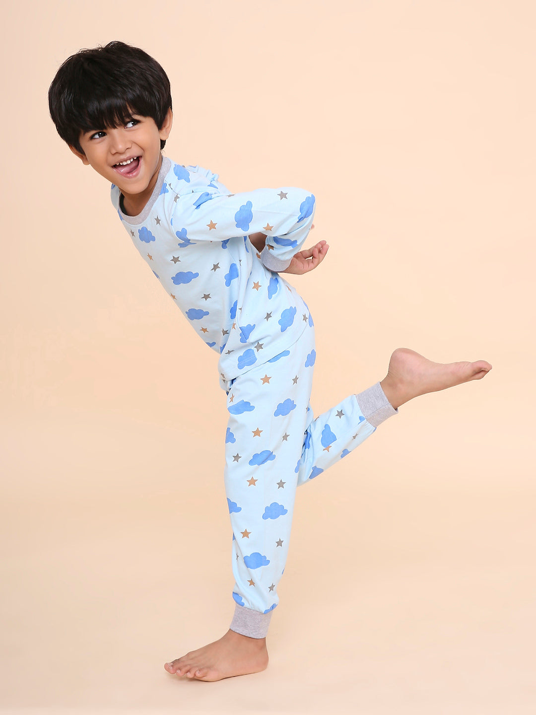 REBORN Boys -Soft Single Jersery Cloud Printed Cotton Full Sleeve & PJ Sleepset - SKY  Blue