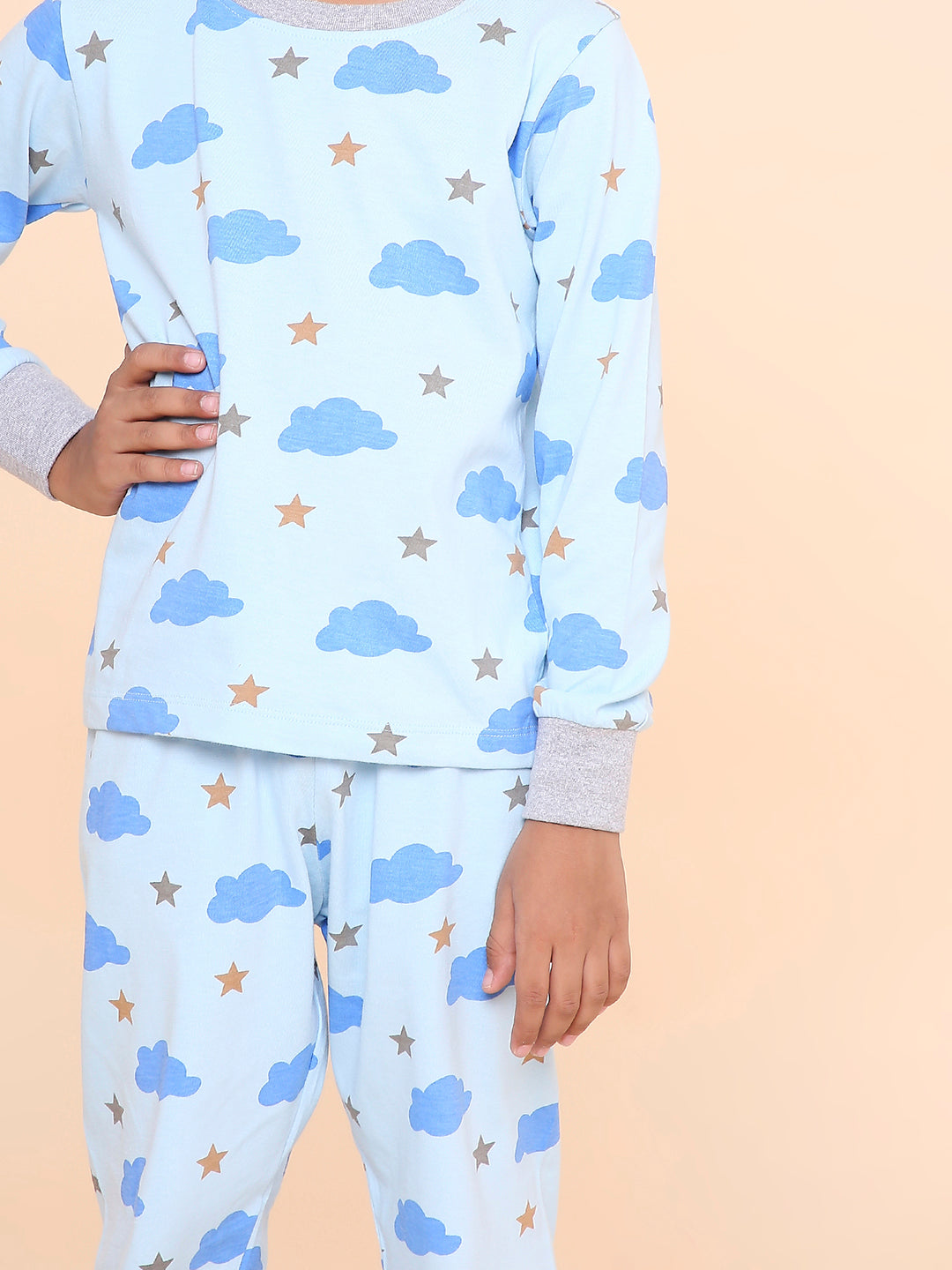 REBORN Boys -Soft Single Jersery Cloud Printed Cotton Full Sleeve & PJ Sleepset - SKY  Blue