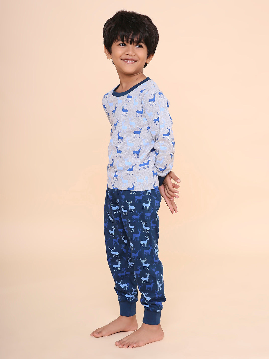 REBORN Boys -Soft Single Jersery Deer Print Cotton Full Sleeve & PJ Sleepset - Grey Melange & Navy Blue